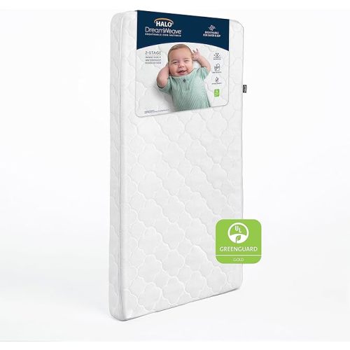 HALO DreamWeave Crib & Toddler Mattress - 100% Breathable Mattress and Core, Dual Sided 2-Stage Design, Machine Washable Cover, Hypoallergenic, Open Strand Polymer Core, Greenguard Cert.