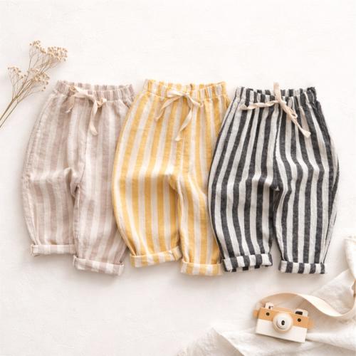 Baby Linen Cotton Stripe Pants, Vintage Toddler Trousers with Elastic Waist & Pockets, Unisex Boys Girls Clothing