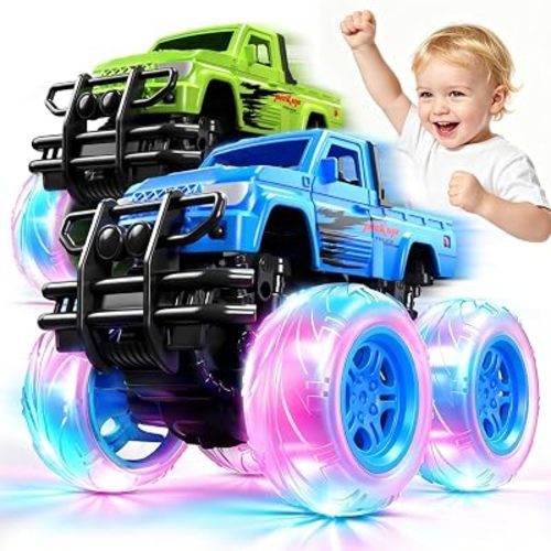 Flip Monster Truck for Toddlers 1-3: Light-up Big Wheels Cars, 2 Pack Gift