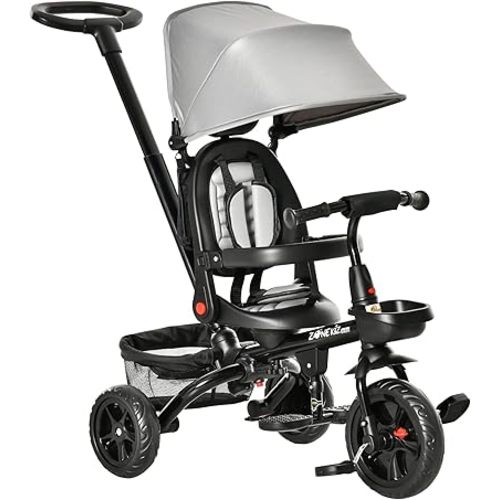 Qaba Kids Tricycle, 4 in 1 Foldable Trike with Reversible Seat, Adjustable Parent Handle, Safety Harness, Wheel Brakes, Removable Canopy, Storage, Tricycle for Toddlers 1-5 Years, Gray