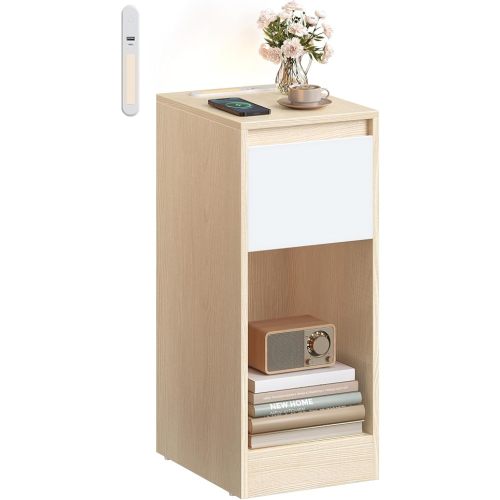 VASAGLE Slim Bedside Table with Charging Station and LED Light, Narrow Side End Table, USB Ports, Drawer and Open Compartment, for Bedroom, Living Room, Oak Beige and Cloud White LET610Y01