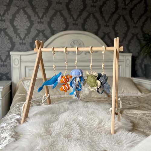 Wooden Baby Play Gym, Foldable Baby Activity Gym, Montessori Baby Gym Set, Ocean Theme Sensory Toys, Baby Shower Gift, Nursery Decor