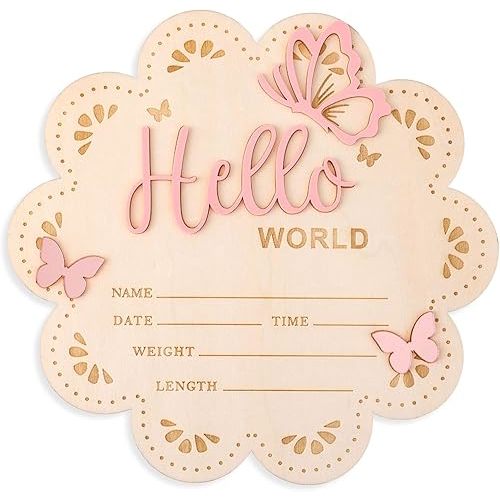 Newborn Announcement Sign, 15.5cm/6.1 Inch Wooden Hello World Sign New Baby Welcome Plaques Birth Baby Name Plaques for Newborn Photo Props Hospital Nursery (Pink)