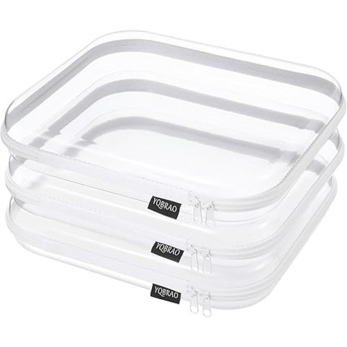 3 Pack Clear Hard Shell Zipper Case, See-Through Hard Plastic Organizer Pouches with Zipper for Travel, Toiletries, Makeup, Electronics & Pencils - Crush-Resistant Storage (L White)