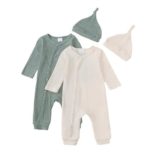 HOOGRIN Infant Boys Girls 2 Pack Newborn Baby Romper Hat Ribbed Knit Long Sleeve Button Solid Bodysuit Jumpsuit with Hat