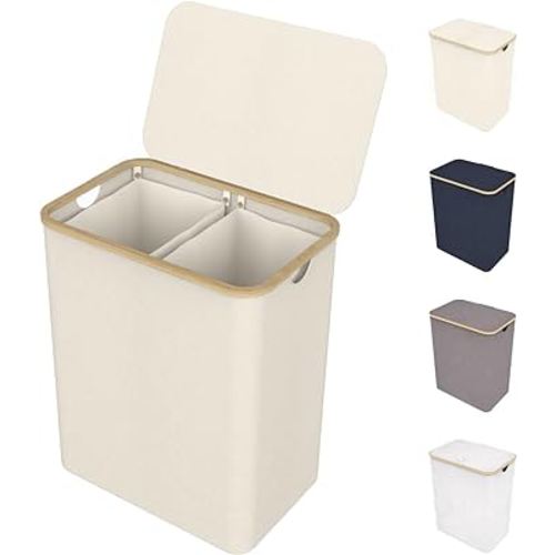 Lonbet - Double Laundry Hamper with Lid Cover - Bamboo Dual Section Laundry Basket - Collapsible Clothes Fabric Bin - Easy and Efficient Sorting - Removable Bags - 39.6 Gallons (3-5 Loads) - Beige