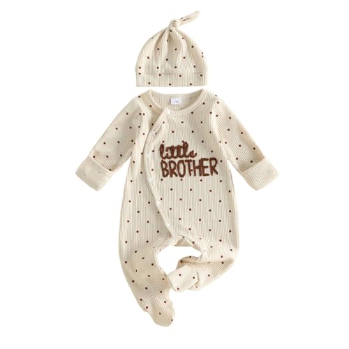 Little Sister Little Brother Newborn Baby Girl Boy Fall Outfits Romper | Polka Dot Long Sleeve Jumpsuit Romper with Mitten Cuffs, Newborn Coming Home Outfit
