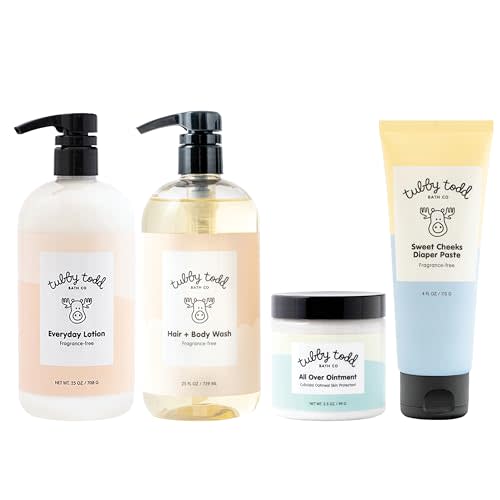 Tubby Todd Baby Bath & Skincare Kit - The Baby Bundle - Baby Shampoo and Body Wash, Everyday Lotion 25 Oz, All Over Ointment 3.5 Oz & Diaper Paste Cream 7.9 Oz Gift Set - Fragrance-Free