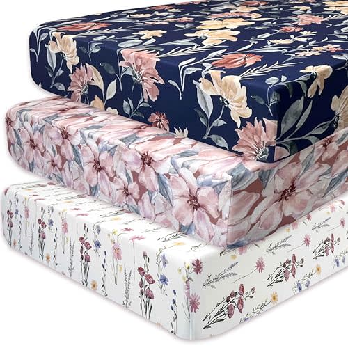 AMROSE 3 Pack Heavenly Soft Crib Sheets for Baby Girls, 28'' X 52'' Fitted Crib Sheets for Crib and Toddler Mattress Pad, Silk Touch Gentle Breathable Microfiber, Floral Plants