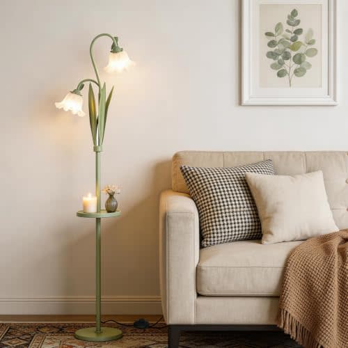 Funky Flower Floor Lamp with Table, Adjustable Gooseneck Floor Lamp with 3 Color Temperature, LED Bright Standing Lamp for Living Room, Bedroom, Corner, for Girl Women(Matcha Green)