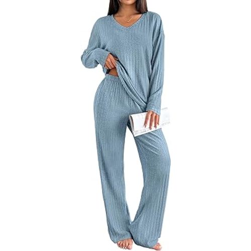 Ekouaer Lounge Sets for Women Long Sleeve Knit Ribbed Pajama Sets 2 Piece Casual Loungewear with Pockets