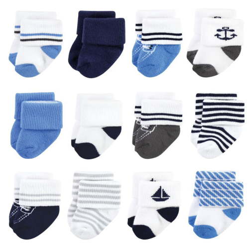 Hudson Baby Infant Boy Cotton Rich Newborn and Terry Socks, Nautical 12-Pack, 0-6 Months