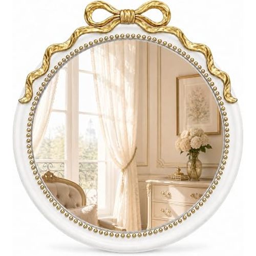 LIN KANG 24 Inch Gold and White Bow Mirrors, Round Decorative Wall Mounted Mirror，Suitable for Entryway, Bedroom, Hallway, Living Room Decoration, Nursery, Girls Room