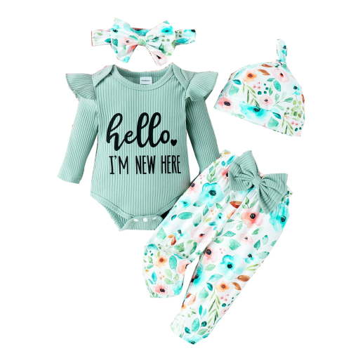 Emy Dola Baby Girl 4Pcs Clothes Set Newborn Infant Ruffle Ribbed Romper + Floral Pants + Headband + Hat Outfits for Girls