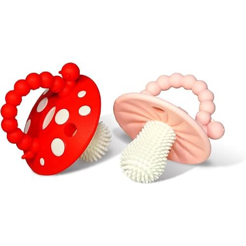 RaZbaby Soft Silicone Infant & Baby 3M+ Teether Toy Massaging Bristles Teething Relief Pacifier - Soothes Sore Gums - Hands-Free & Easy-to-Hold Chompy Teether, BPA Free (RED/Pink)