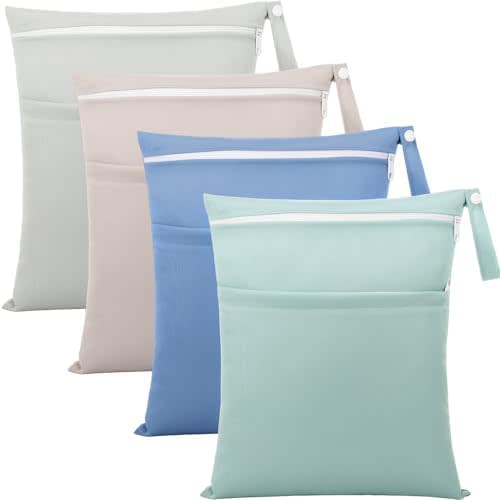 SATINIOR 4 Pack Wet Dry Bags for Baby Cloth Diapers Washable Travel Swimsuit Wet Bags Reusable with Two Zippered Pockets for Yoga Gym Swimsuits Travel Beach Pool Soiled Items(Fresh Color)