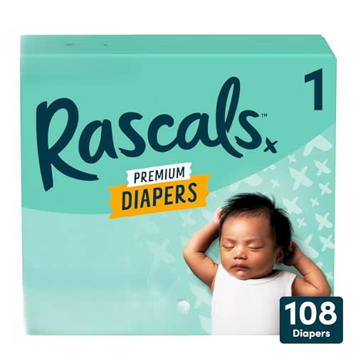 Rascal + Friends Rascals Premium Diapers Size – Hydrolock Core & High‑Back Waistband for 12‑Hr Leak Protection, Hypoallergenic Disposable