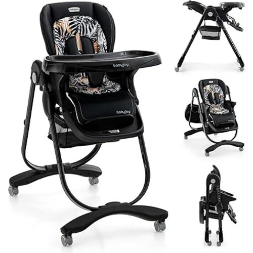 BABY JOY High Chair, Foldable Baby High Chair with Adjustable Height, Recline & Footrest, Double Removable Tray, Storage Basket, Portable Chair with Wheels for Babies & Toddlers (Black)