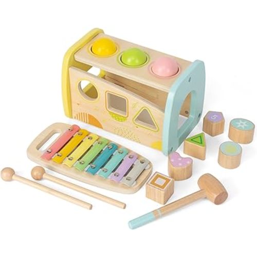 WOODENFUN Hammering Pounding Toys Wooden Educational Toy Xylophone Shape Sorter, Birthday Gift for 3 Years Boys Girls Baby Toddler Kids Developmental Montessori Learning Toy (Yellow)