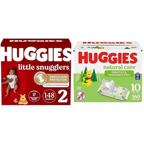 Huggies Little Snugglers Baby Diapers, Size 2, Mega Colossal, 148 Ct & Natural Care Sensitive and Fragrance-Free Baby Wipes, 56 count (Pack of 10) - Packaging May Vary