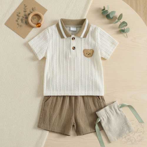 Baby Boy Bear Outfit Set, Summer Knit Top and Shorts, Infant Two Piece, Newborn Clothes, Baby Shower Gift | 9-12 Months