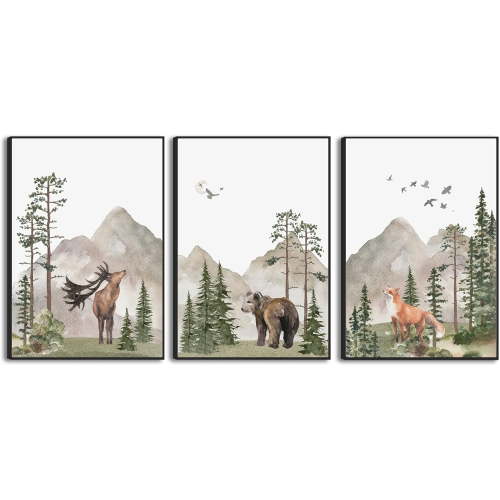 Xuen 3 Piece Nursery Woodland Wildlife Canvas Wall Art Animal Forest Bear Fox Cute Wall Art Decor Poster Print Painting For Boy Baby Children's Room, 12x16 Wrapped Canvas