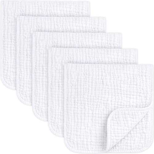 KeaBabies Organic Muslin Burp Cloths White– 5-Pack 21x10 Large & Absorbent Spit Up Rags, Baby Washcloth, Infant Towels (Soft White)