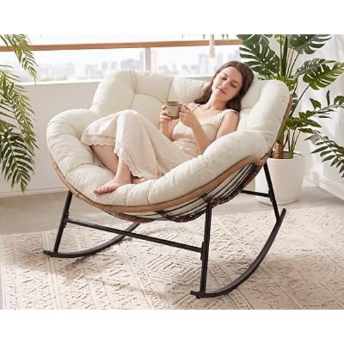 FINCATI Outdoor Indoor Papasan Rocking Chair, Oversized Rattan Lounge Chair