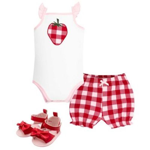 Hudson Baby Infant Girls Cotton Bodysuit, Shorts and Shoe Set, Plaid Strawberry, 0-3 Months