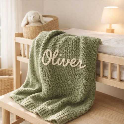 Personalized Hand-Embroidered Knit Baby Blanket, Organic Cotton Heirloom Nursery Keepsake