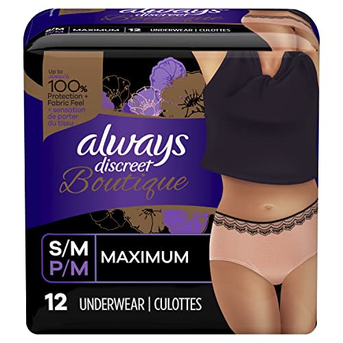 Always Discreet Boutique, Incontinence & Postpartum Underwear For Women, High-Rise, Size Small/Medium, Rosy, Maximum Absorbency, Disposable, 12 Count