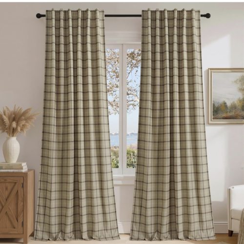 NICETOWN 2 Panels 100% Blackout Plaid Farmhouse Linen Curtains 84 Inch Long for Living Room Double Layer Checkered Drapes for Bedroom, Thermal Insulated Privacy Rod Pocket Back Tab, 52" W, Linen