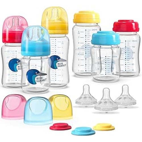 Multipurpose Anti-Colic Glass Baby Bottles with Slow Flow and Natural Flow Nipples, Breast Milk Collection and Storage Bottles, Wide-Neck Breast Pumps Compatible, 6-Pack (4oz, 6oz, 8oz)