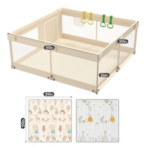 Fodoss Baby Playpen with Mat ，59 x59 In Playpen for Babies and Toddlers, Indoor & Outdoor Activity Center, Safety Baby Fence (yellow, 59*59*26IN)
