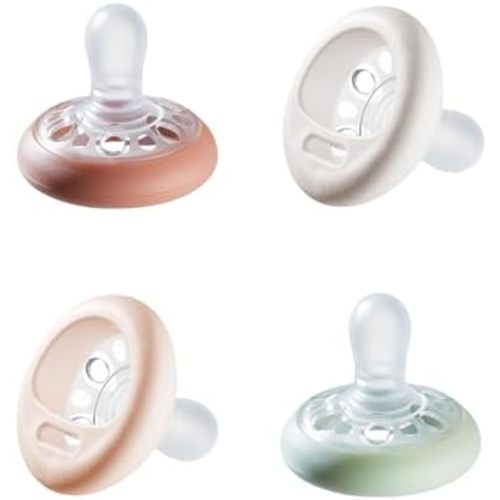 Tommee Tippee Breast-Like Pacifier, 0-6 Months, Symmetrical Design, Natural Breast-Like Baglet, BPA-Free Binkies, Rose/Green/Cream, Pack of 4