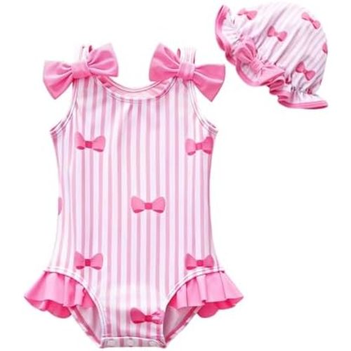 GEMLON Infant Girl Swimsuit Ruffled Stripe Bow One Piece Bathing Suit with Hats Summer 12M-4T Swimsuit for Girls