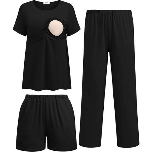 Ekouaer 3 Piece Postpartum Nursing Pajamas Set Short Sleeve Breastfeeding Shirts Pregnancy Shorts & Pants Maternity Pjs Black M
