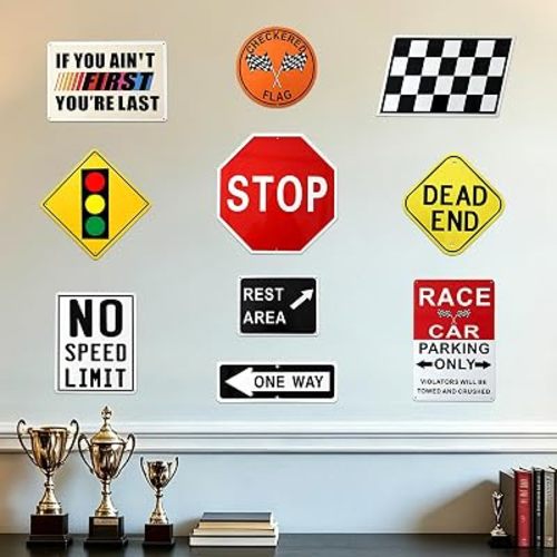 10 Pcs Race Car Room Wall Decor, Metal Road Signs Bedroom Decor