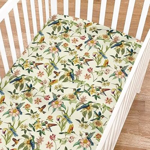 Vintage Hummingbirds and Flowers Fitted Baby Crib Sheet Boy Girl 52"x28" Spring Birds Colorful Floral Crib Mattress Cover Soft Hummingbird Nursery Baby Sheet for Standard Crib and Toddler Mattress