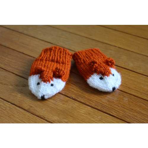 Hand-Knit Fox Mittens -- Baby / Toddler / Kids ; Pumpkin and Cream