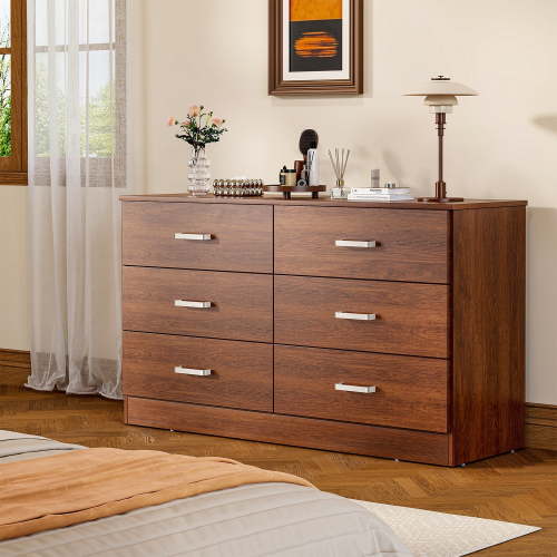 Frmobepts Wood Dresser for Bedroom, 6 Drawer Dresser, 15.8" D x 47.2" W x 27.7" H, Walnut Brown