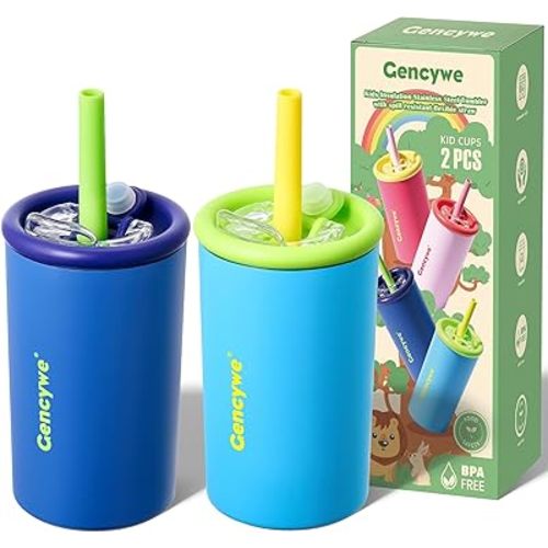 2 PACK Kids Double Walled Stainless Steel Cups with Straws and lids | 12 oz Spill-Proof Sippy Smoothie Tumbler Set, Small Kids Snack & Drink Water Cups, BPA-Free (Age: 3+ years old & up)