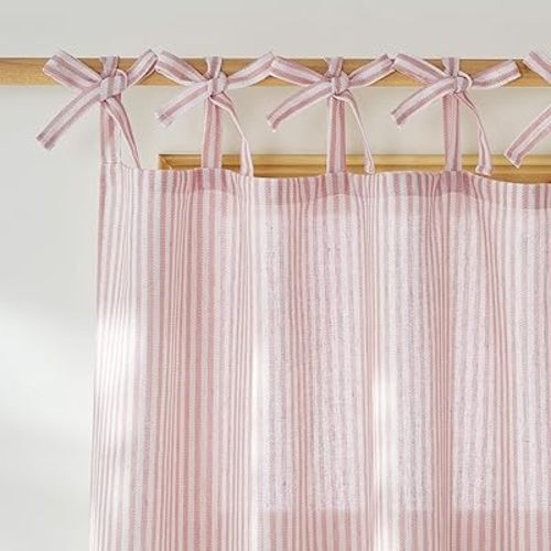 NICETOWN Pink Linen Curtains for Girls Room, Tie Top Stripe Pattern Light Filtering Semi Sheer Window Treatments DIY Crafted Privacy for Bedroom, W52 x L84, 2 Panels