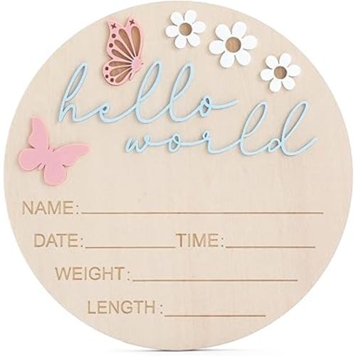 Hello World Newborn Sign, 5.9 Inch Butterfly Style Birth Welcome Board, Pink World Baby Announcement Sign for Hospital Nursery Newborn Boys Girls Photo Props Baby Shower