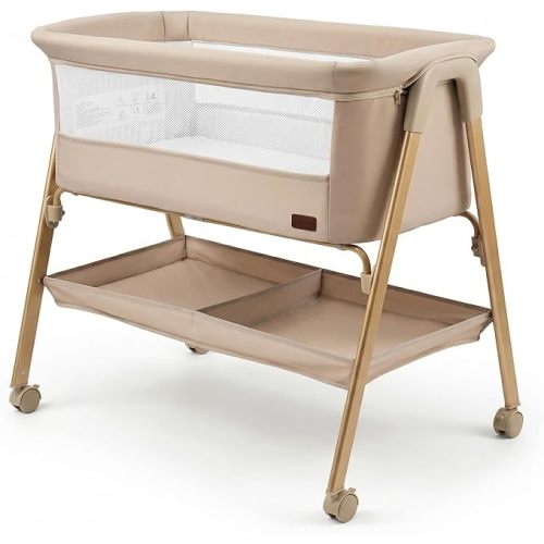 Gazibhelit Baby Bassinet, Bedside Bassinet for Infant, Bassinet Bedside Sleeper with Mattress, Storage Basket 4 Auto-Lock Wheels, Full-Mesh Sides, Bed Side Mini Crib for Newborn (1, Beige)