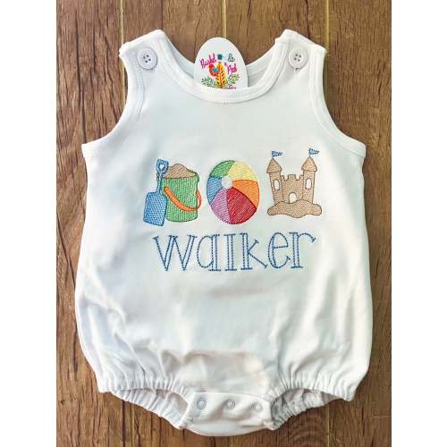Embroidered Beach Unisex Bubble Sunsuit, Sand and Sandcastle Bubble/Shirt, Personalized Beach Kids Shirt, Beach Vacation Toddler Outfit
