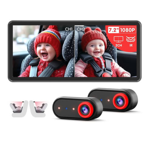 BM5PRO Double Car Camera for 2 Baby,7.2" 1080P Split Screen with IR Night Vision, Real-Time Monitoring Baby Car Camera,Easy Install, Family Travel Companion for Kids & Pets