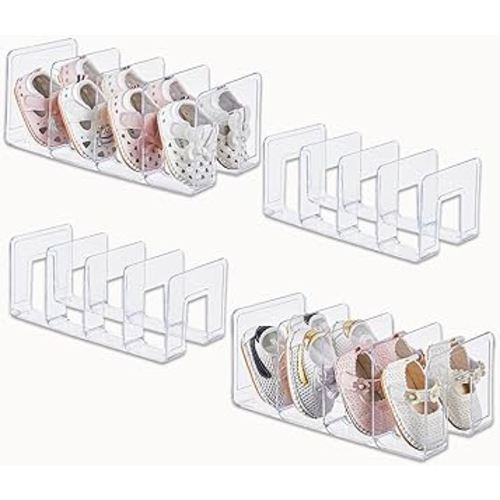Clear Acrylic Kids Shoe Rack for Closet Organizers and Storage | 4 Pack Small Shoe Rack 4 Sections Toddler Baby Shoe Storage Organizer Stackable Shoe Shelf, Desk File Sorter Book Purse Organizer