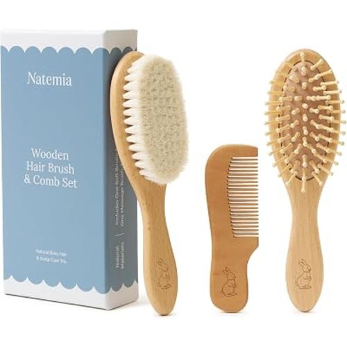 Natemia Wooden Baby Hair Brush & Comb Set - Natural Goat Hair Bristles & Soft Bristle Brush - Gentle Scalp Massage & Cradle Cap Comb - For Newborns & Toddlers, Baby Grooming Kit