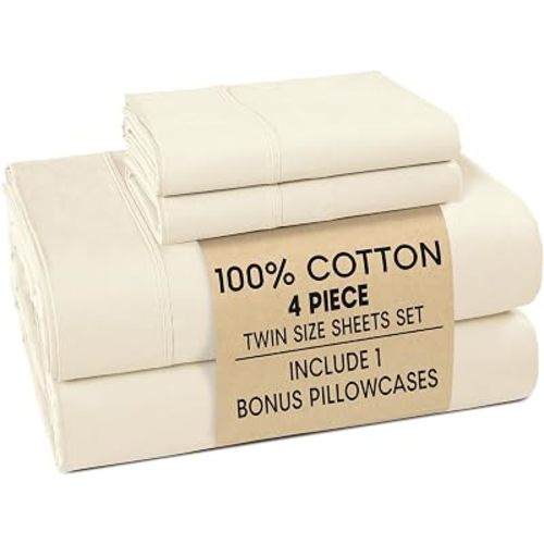 Casa Platino Twin Bed Sheets – Breathable 4 Piece Percale Cooling Twin Sheets with Crisp Feel, with 15 Inch Deep Pocket Fitted Sheet, Ultra Soft & Cozy Feel, Fit – Ivory